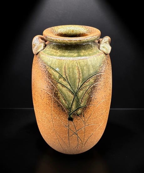信楽焼 明山作 耳付花瓶 緑釉 在銘 フラワーベース 花入れ 花器 作家物 伝統工芸品 陶器 インテリア 骨董品 アンティーク