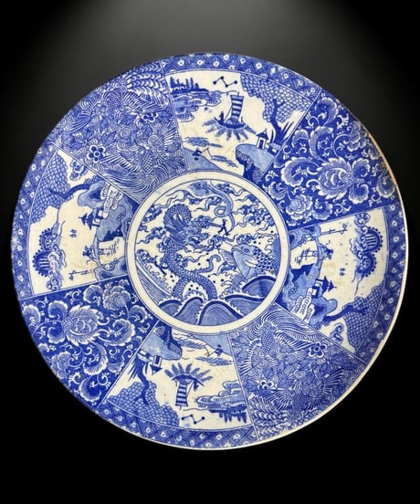 明治期 古伊万里 印判皿 染付 龍鯛風景草花文図 丸皿 大皿 飾皿 時代物 骨董品 アンティーク