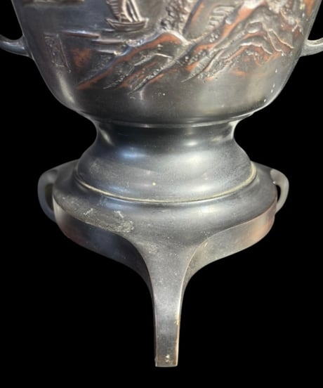 銅製 薄端 双耳 花瓶 山水風景図 花入れ 花器 工芸品 陶器 インテリア 骨董品 アンティーク