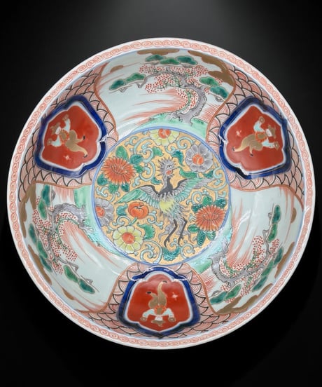 江戸後期 古伊万里 錦手金彩大鉢 鳳凰 唐子 松竹梅草花文図 窓絵 色絵 鉢 取り皿 飾り皿 陶器 時代物 骨董品 アンティーク
