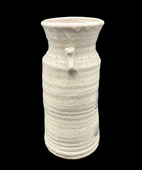 荻焼 白釉 耳付花瓶 丸形 フラワーベース 花入れ 白荻 貫入 花器 陶器 時代物 インテリア 骨董品 アンティーク