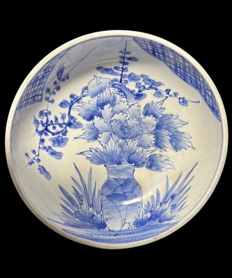 江戸後期 古伊万里 染付 大鉢 花籠図 丸鉢 盛り鉢 飾皿 古美術 時代物 和食器 骨董品 アンティーク