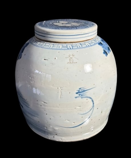 中国磁器 染付 蓋付き壺 青花人物文図 花入れ 花器 丸壺 陶器 中国 古美術 骨董品 アンティーク
