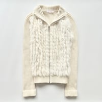 white fur full zip wool rib knit