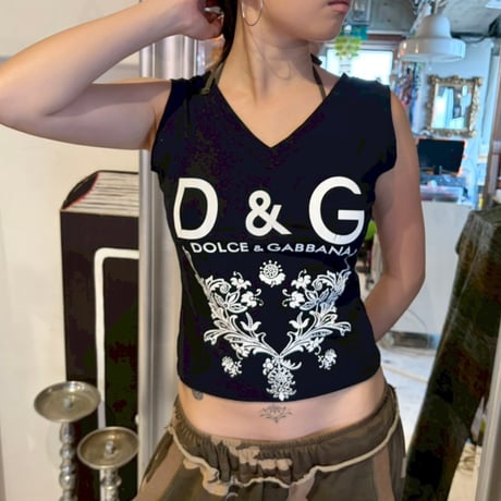 D&G black×white logo printed v neck tank top