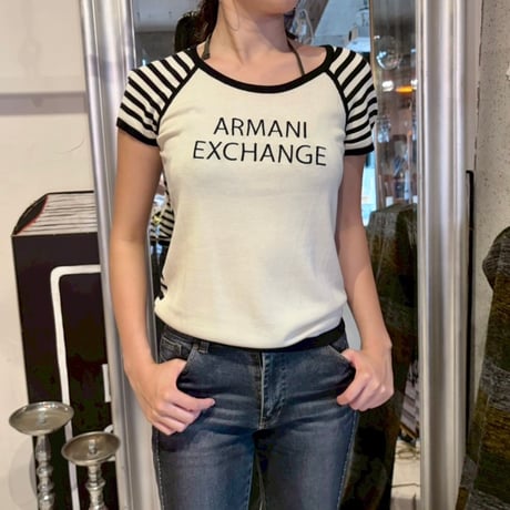 ARMANI black×ivory logo striped knit tops
