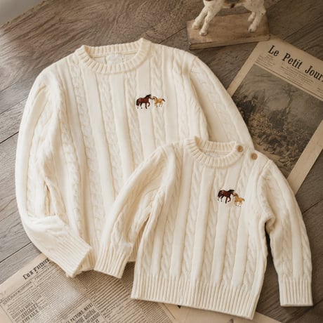 Cable Horse Cream Knit Sweater