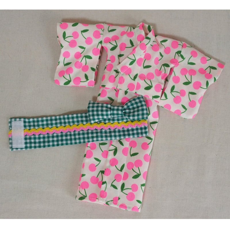 ハンドメイド*タミーちゃんサイズ浴衣+帯セット チェリー柄/さくらんぼ