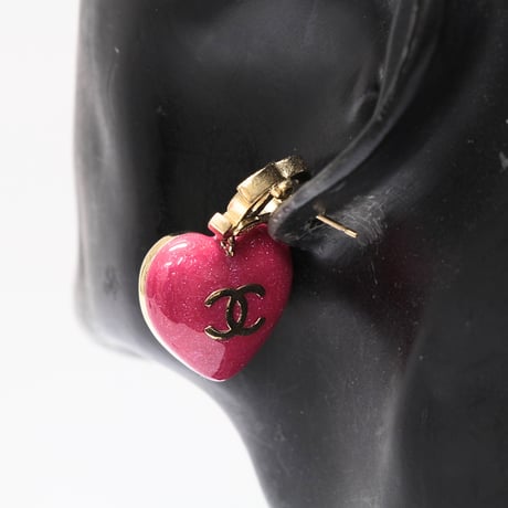 CHANEL CC Logo Heart Dangle Pierced Earrings Crystal Gold-toned C23P #75670
