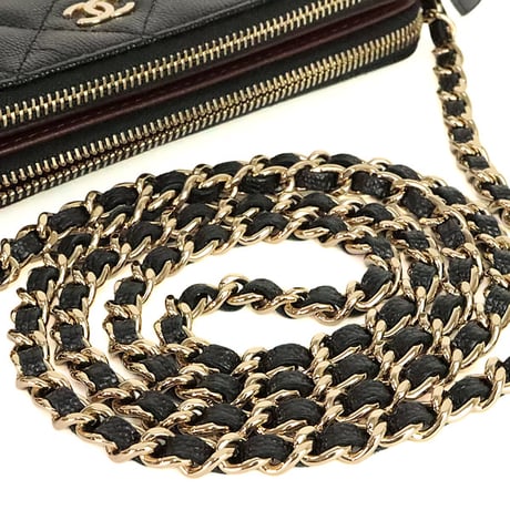CHANEL Double Zip Phone Holder with Chain Quilted Caviar Black #20228