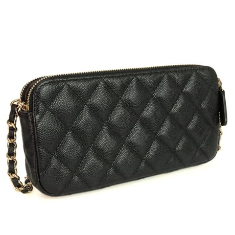 CHANEL Double Zip Phone Holder with Chain Quilted Caviar Black #20228