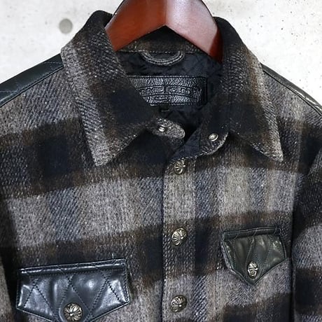 Chrome Hearts Plaid Wool CPO Shirt Jacket Leather Trim Cross Button #103835