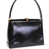 GUCCI Vintage Turnlock Flap Handbag Leather Black #76044