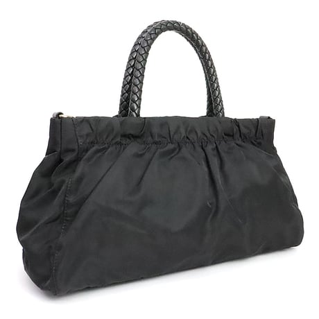 PRADA Bow Handbag Tessuto Nylon Leather Black ＃19786