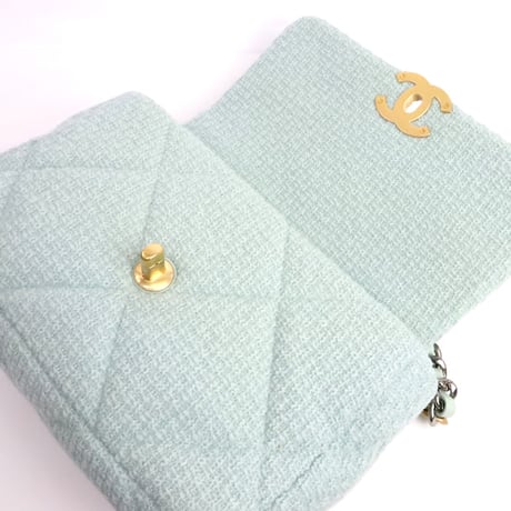 CHANEL Small 19 Flap Bag Quilted Tweed Light Blue #19695