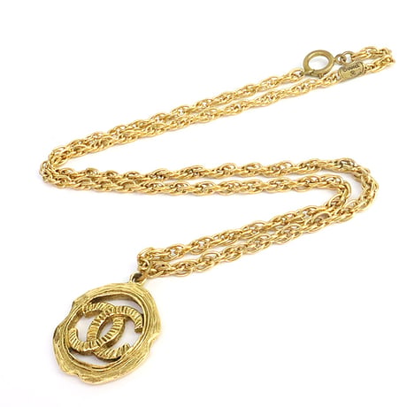 CHANEL Vintage CC Logo Round Medallion Pendant Necklace Gold-toned #19973