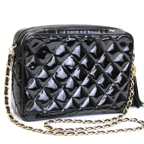 CHANEL Camera Bag with Fringe Charm Quilted Patent Black #75578