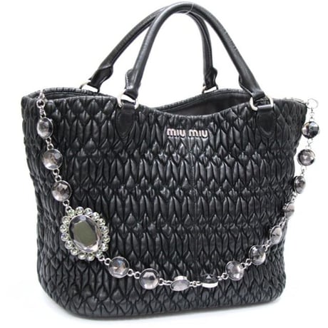 Miu Miu Matelasse Satchel Bag with Bijou Chain Nappa Leather Black #75566