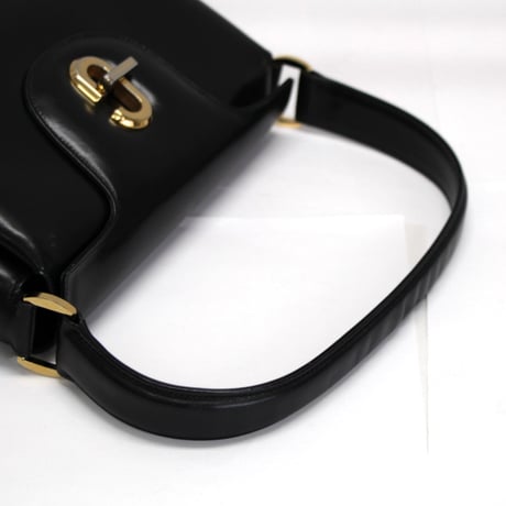 GUCCI Vintage Turnlock Flap Handbag Leather Black #75969