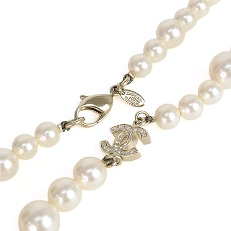CHANEL Coco Mark Necklace Faux Pearl Crystal Champagne Gold-toned A11P ＃20312