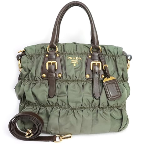 PRADA Handbag Tessuto Gaufre Gathered Nylon Leather Khaki ＃19820