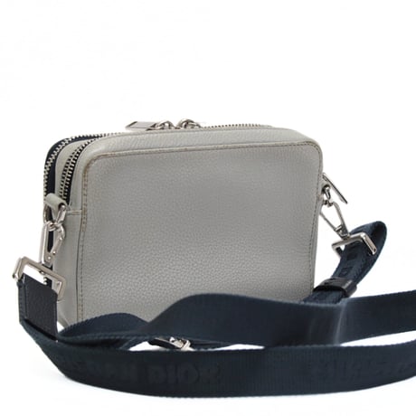 Christian Dior Double Zip Crossbody Bag Leather Gray Navy #76608