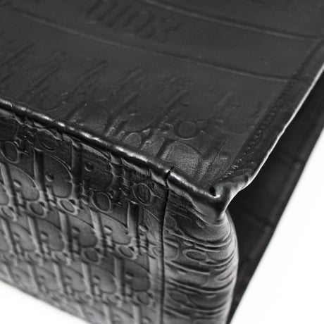 Christian Dior Medium Book Tote Bag Oblique Embossed Leather Black #75592