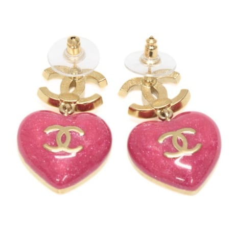 CHANEL CC Logo Heart Dangle Pierced Earrings Crystal Gold-toned C23P #75670