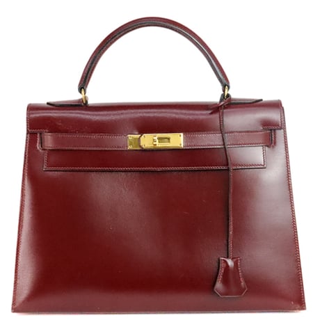 HERMES Sellier Kelly 32 Handbag Boxcalf Leather Bordeaux #19984
