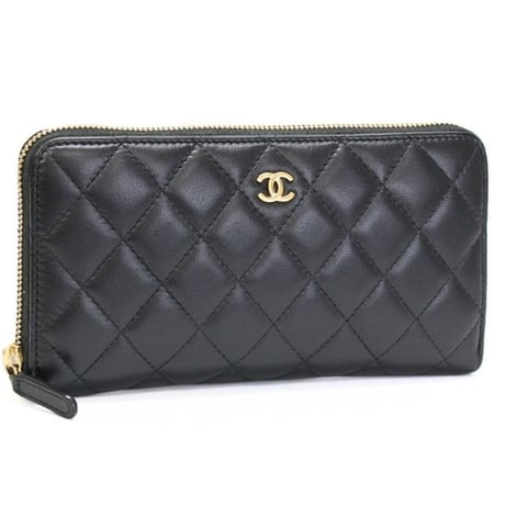 CHANEL Zip-around Wallet Quilted Lambskin Black #76225