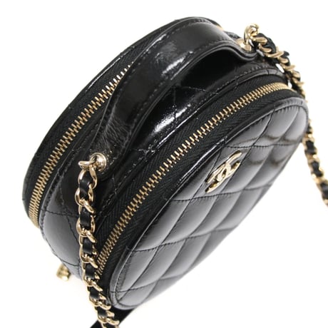 CHANEL Mini Round Vanity Bag with Chain Quilted Glazed Lambskin Black #76198