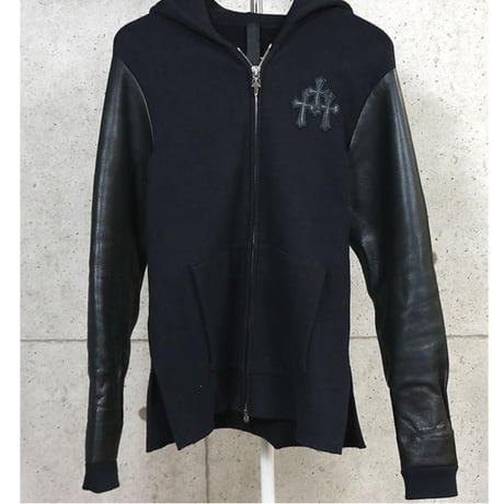 Chrome Hearts CH Plus Leather Patch Trimmed Double Zip Hoodie Black #104202