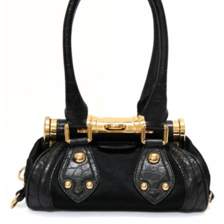 CELINE Triomphe Flip Lock Handbag Satin Crocodile Embossed Leather Black #76813