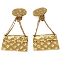 CHANEL Medal & Bag Motif Dangle Clip-on Earrings Gold-toned 2 5 #75756