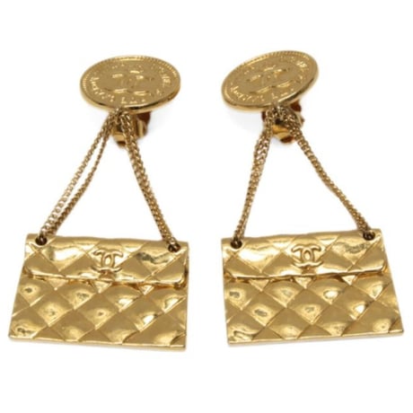 CHANEL Medal & Bag Motif Dangle Clip-on Earrings Gold-toned 2 5 #75756