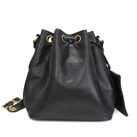 CHANEL CC Logo Drawstring Bucket Bag Caviar Black #76636
