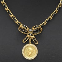 CHANEL Bow & Medal Pendant Necklace Gold-toned 95P #76580