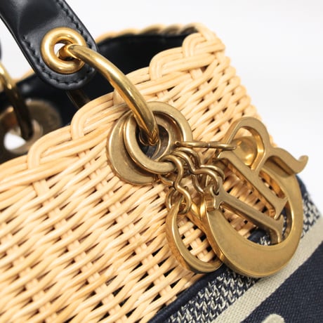 Christian Dior Medium Lady Dior Handbag Wicker Oblique Canvas Navy #75313
