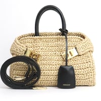 Salvatore Ferragamo Hug Handbag Bag XS Raffia-Effect Fabric Natural Brown #19750