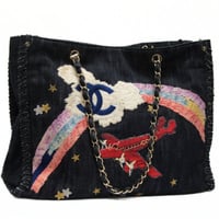 CHANEL Night Flight Tote Bag Embroidered Denim Indigo #75773