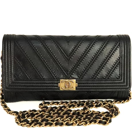 CHANEL Chevron Boy Wallet on Chain Bag Leather Black #20229