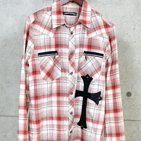 Chrome Hearts Large Leather Cross Patch Flannel Shirt #31595