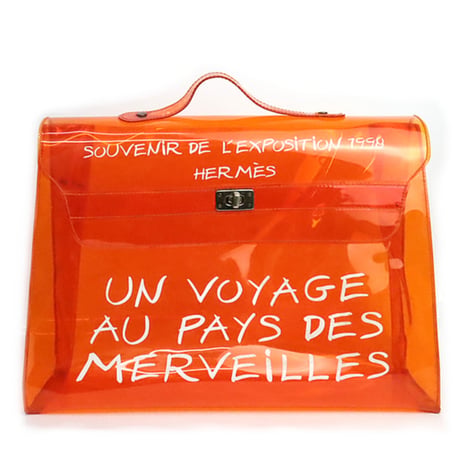 HERMES Kelly Handbag Transparent Vinyl Souvenir De L'Exposition Orange #19557