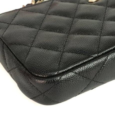 CHANEL Double Zip Phone Holder with Chain Quilted Caviar Black #20228