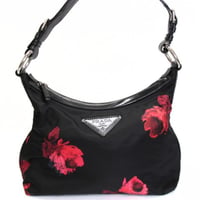 PRADA Shoulder Bag Floral Nylon Black Red #75516