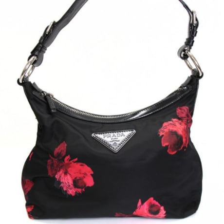 PRADA Shoulder Bag Floral Nylon Black Red #75516