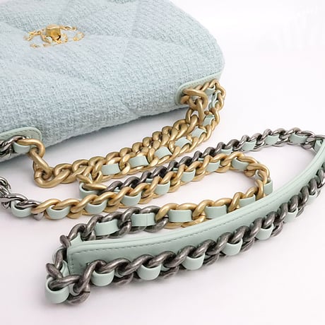 CHANEL Small 19 Flap Bag Quilted Tweed Light Blue #19695