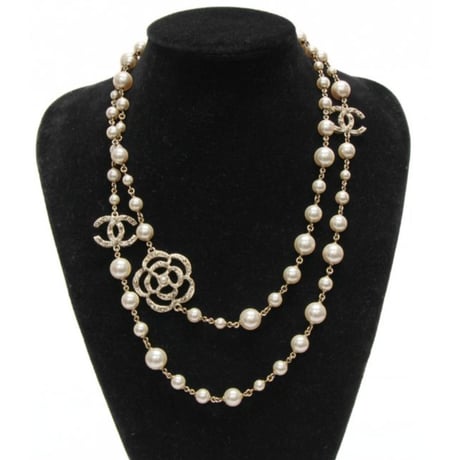 CHANEL Coco Mark Camellia Long Necklace Crystal Faux Pearl Gold-toned A13P ＃76600
