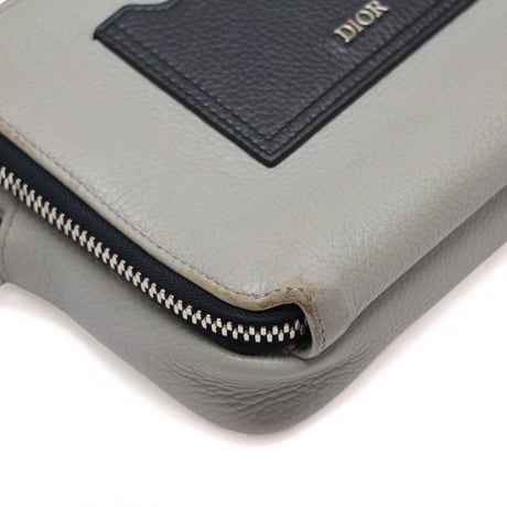 Christian Dior Double Zip Crossbody Bag Leather Gray Navy #76608