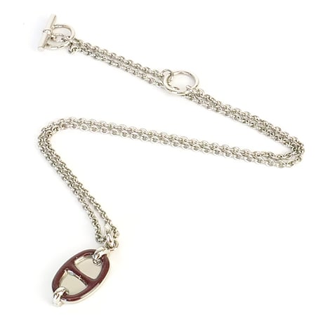 HERMES Mini Maillon PM Pendant Necklace Silver-toned Rouge H ＃20237